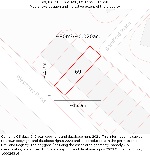 69, BARNFIELD PLACE, LONDON, E14 9YB: Plot and title map