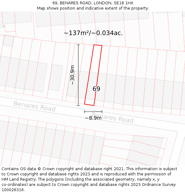69, BENARES ROAD, LONDON, SE18 1HX: Plot and title map