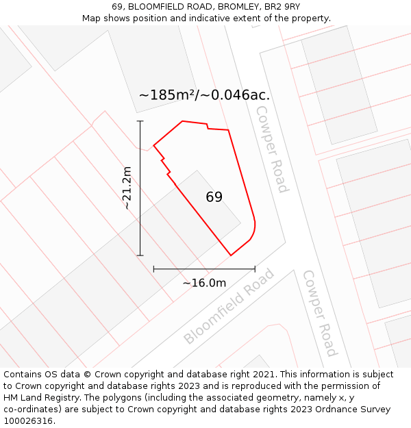 69, BLOOMFIELD ROAD, BROMLEY, BR2 9RY: Plot and title map