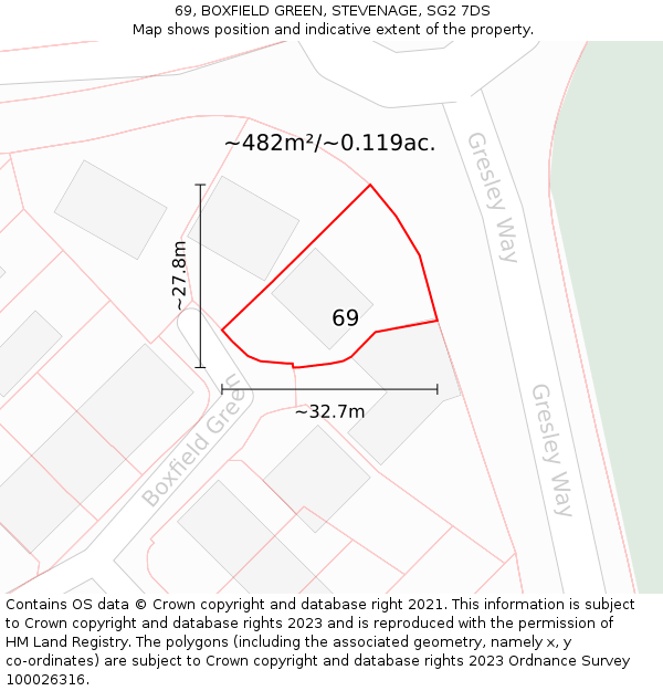 69, BOXFIELD GREEN, STEVENAGE, SG2 7DS: Plot and title map