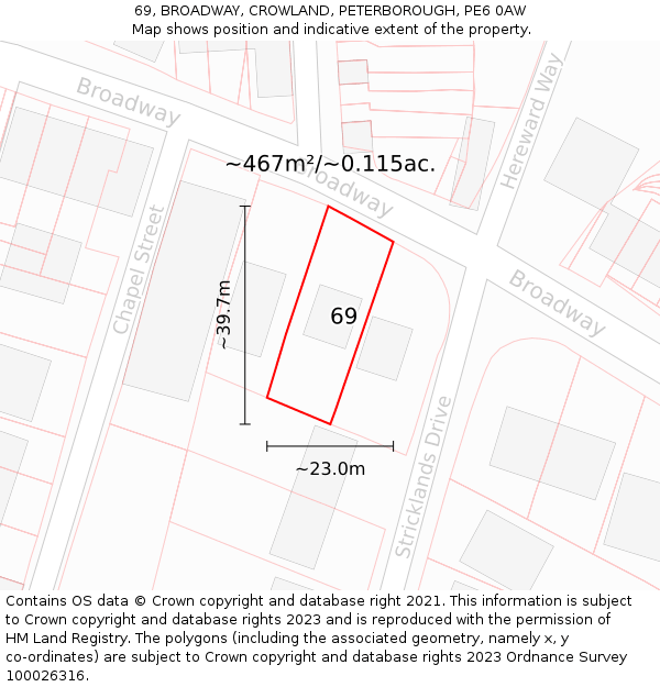 69, BROADWAY, CROWLAND, PETERBOROUGH, PE6 0AW: Plot and title map