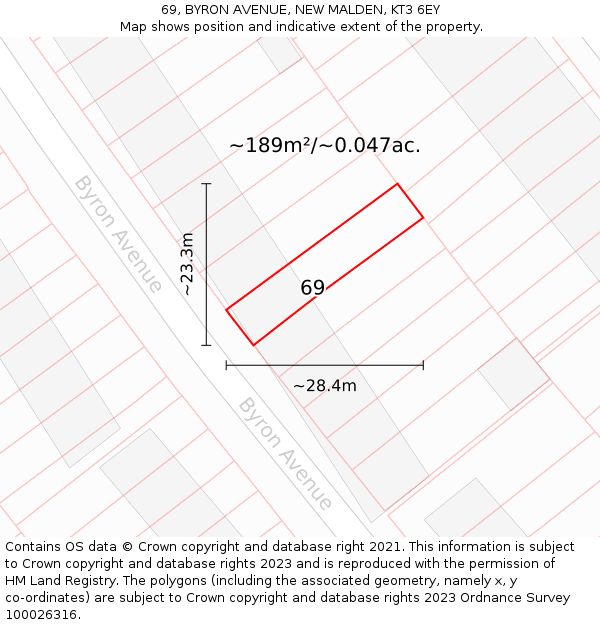 69, BYRON AVENUE, NEW MALDEN, KT3 6EY: Plot and title map