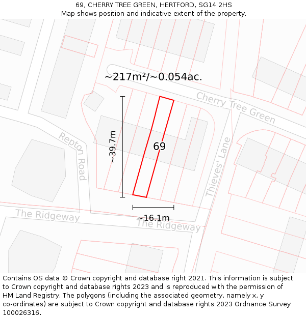 69, CHERRY TREE GREEN, HERTFORD, SG14 2HS: Plot and title map
