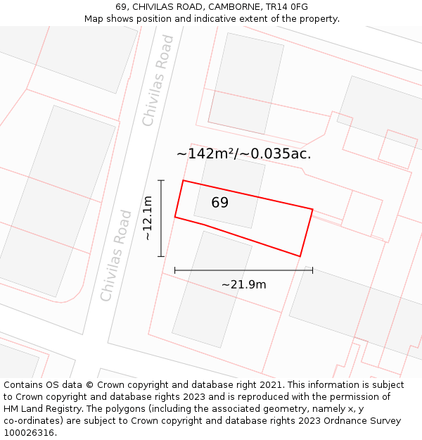 69, CHIVILAS ROAD, CAMBORNE, TR14 0FG: Plot and title map