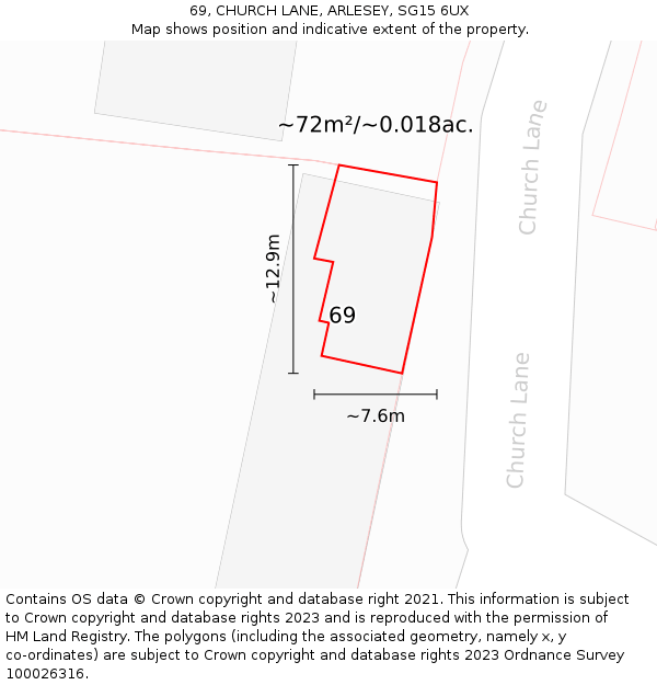 69, CHURCH LANE, ARLESEY, SG15 6UX: Plot and title map