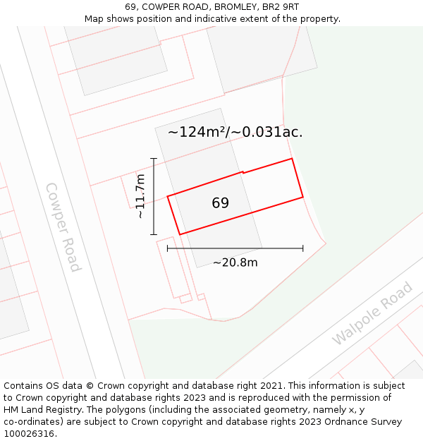 69, COWPER ROAD, BROMLEY, BR2 9RT: Plot and title map