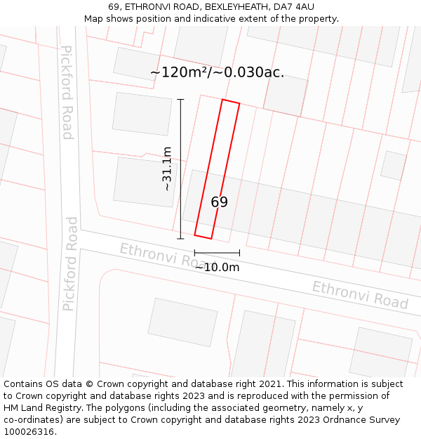 69, ETHRONVI ROAD, BEXLEYHEATH, DA7 4AU: Plot and title map