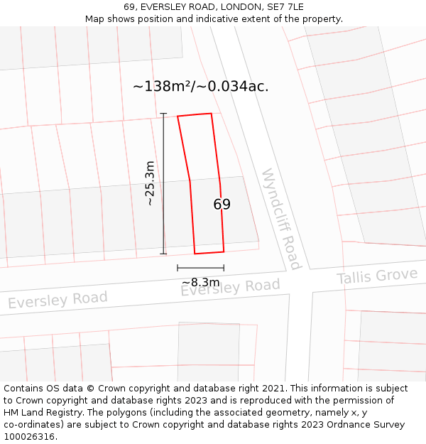 69, EVERSLEY ROAD, LONDON, SE7 7LE: Plot and title map