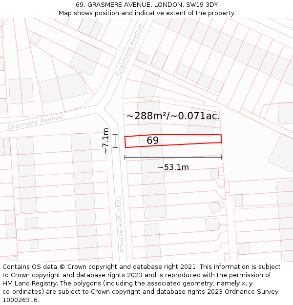 69, GRASMERE AVENUE, LONDON, SW19 3DY: Plot and title map