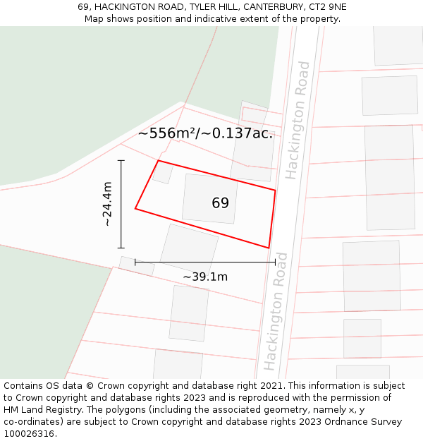 69, HACKINGTON ROAD, TYLER HILL, CANTERBURY, CT2 9NE: Plot and title map