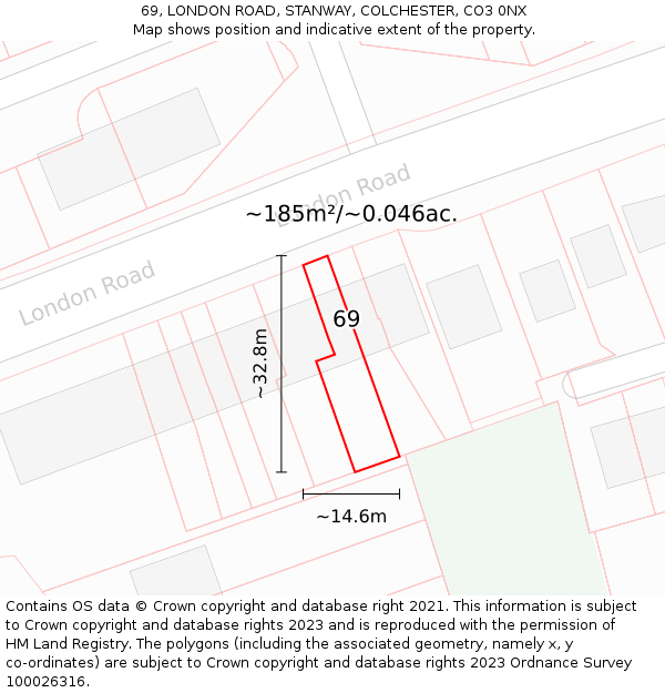 69, LONDON ROAD, STANWAY, COLCHESTER, CO3 0NX: Plot and title map
