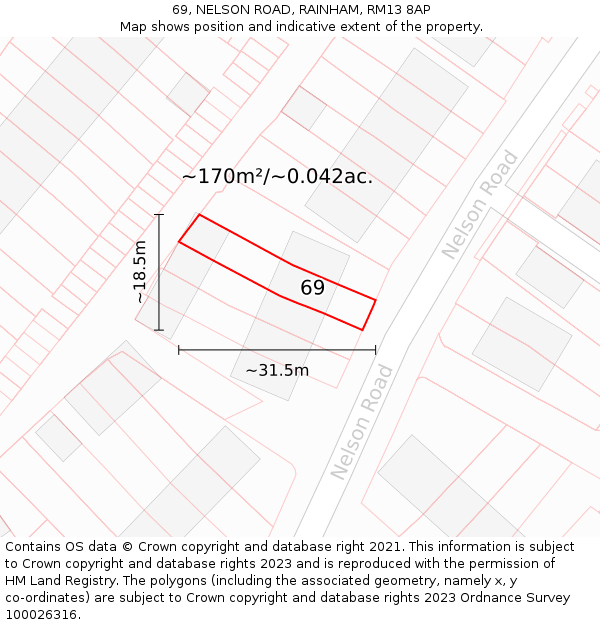 69, NELSON ROAD, RAINHAM, RM13 8AP: Plot and title map