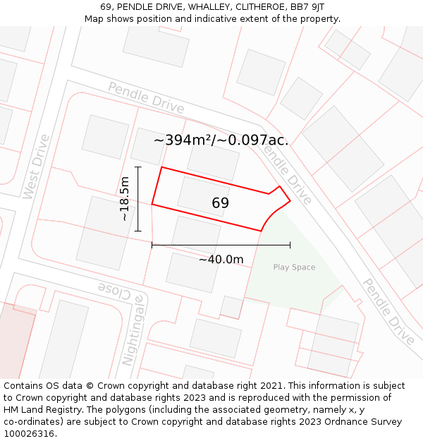 69, PENDLE DRIVE, WHALLEY, CLITHEROE, BB7 9JT: Plot and title map