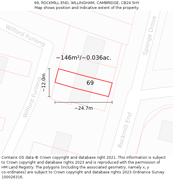 69, ROCKMILL END, WILLINGHAM, CAMBRIDGE, CB24 5HY: Plot and title map