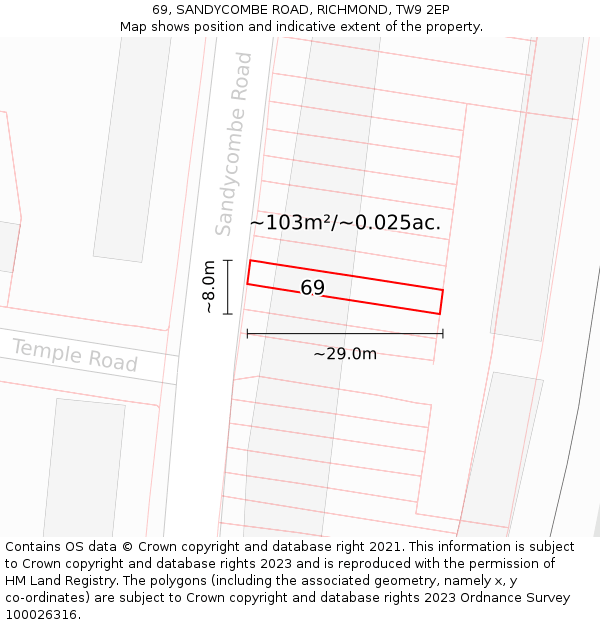 69, SANDYCOMBE ROAD, RICHMOND, TW9 2EP: Plot and title map
