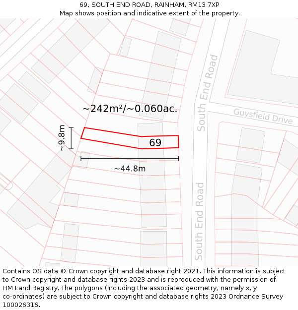 69, SOUTH END ROAD, RAINHAM, RM13 7XP: Plot and title map