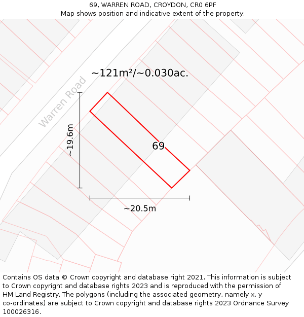 69, WARREN ROAD, CROYDON, CR0 6PF: Plot and title map