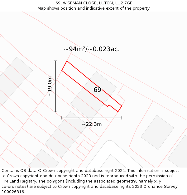 69, WISEMAN CLOSE, LUTON, LU2 7GE: Plot and title map