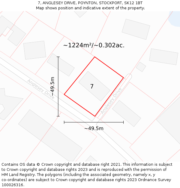 7, ANGLESEY DRIVE, POYNTON, STOCKPORT, SK12 1BT: Plot and title map