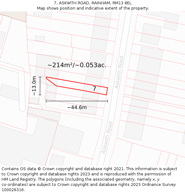 7, ASKWITH ROAD, RAINHAM, RM13 8EL: Plot and title map