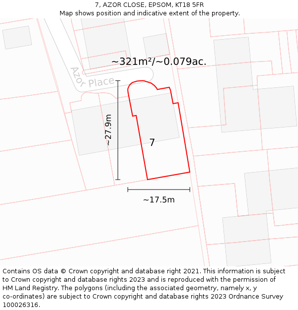 7, AZOR CLOSE, EPSOM, KT18 5FR: Plot and title map