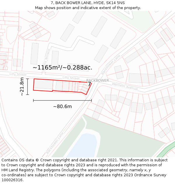 7, BACK BOWER LANE, HYDE, SK14 5NS: Plot and title map
