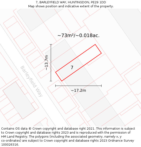 7, BARLEYFIELD WAY, HUNTINGDON, PE29 1DD: Plot and title map