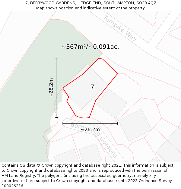 7, BERRYWOOD GARDENS, HEDGE END, SOUTHAMPTON, SO30 4QZ: Plot and title map