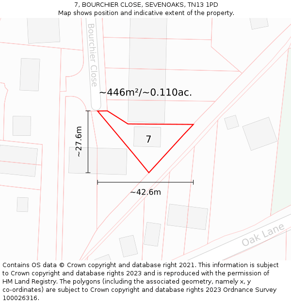 7, BOURCHIER CLOSE, SEVENOAKS, TN13 1PD: Plot and title map