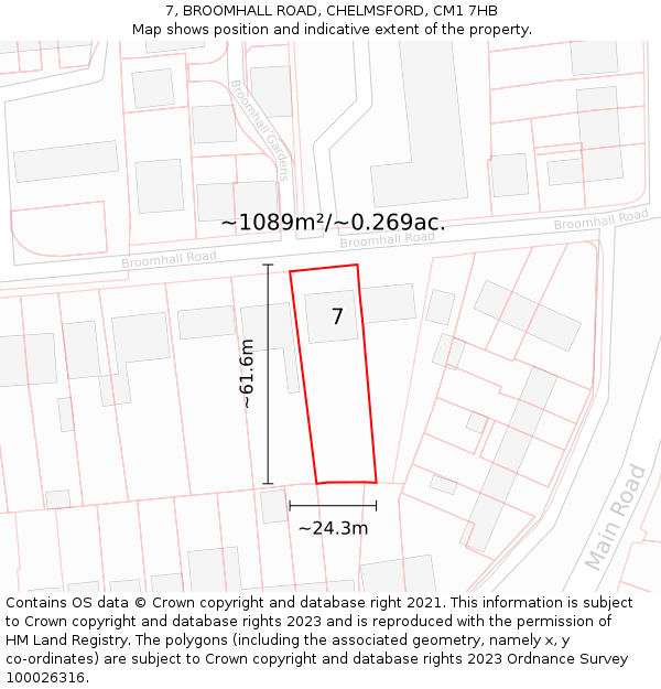7, BROOMHALL ROAD, CHELMSFORD, CM1 7HB: Plot and title map