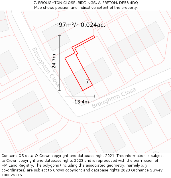 7, BROUGHTON CLOSE, RIDDINGS, ALFRETON, DE55 4DQ: Plot and title map