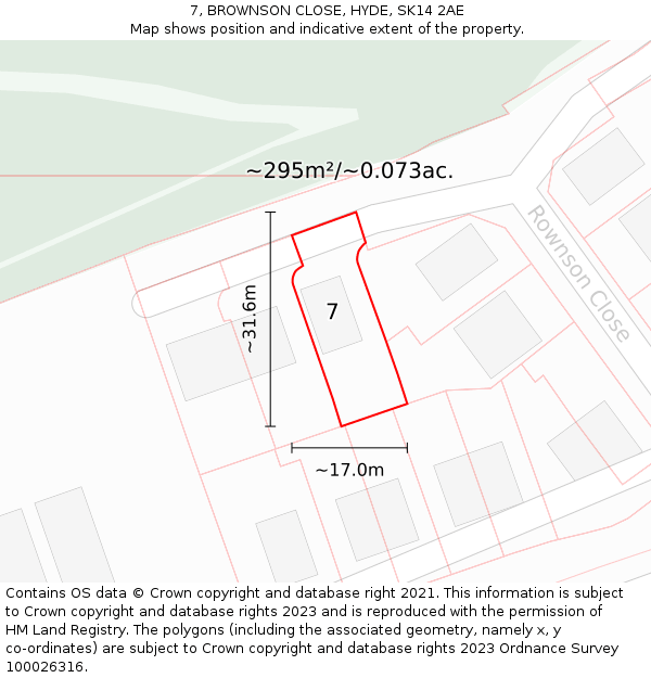 7, BROWNSON CLOSE, HYDE, SK14 2AE: Plot and title map