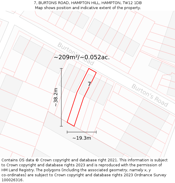 7, BURTONS ROAD, HAMPTON HILL, HAMPTON, TW12 1DB: Plot and title map