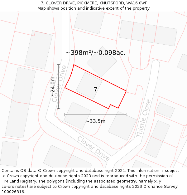 7, CLOVER DRIVE, PICKMERE, KNUTSFORD, WA16 0WF: Plot and title map