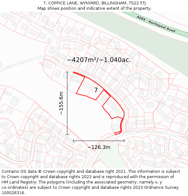 7, COPPICE LANE, WYNYARD, BILLINGHAM, TS22 5TJ: Plot and title map