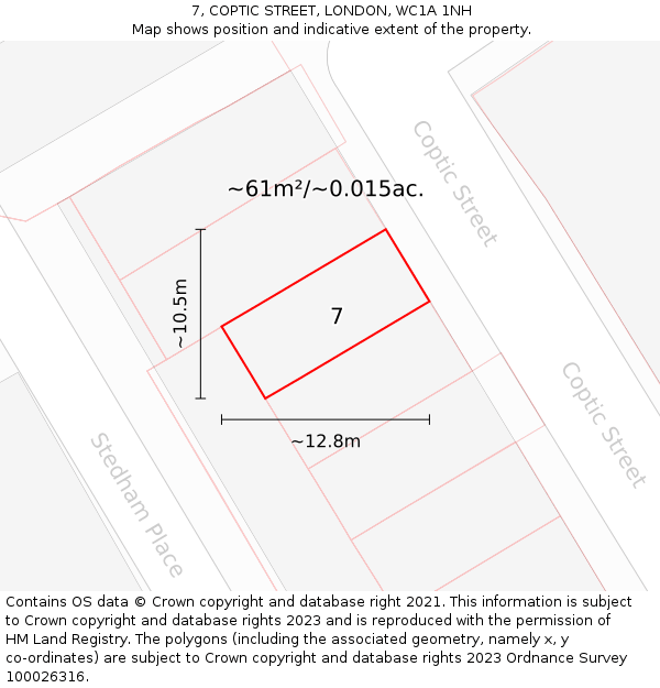 7, COPTIC STREET, LONDON, WC1A 1NH: Plot and title map