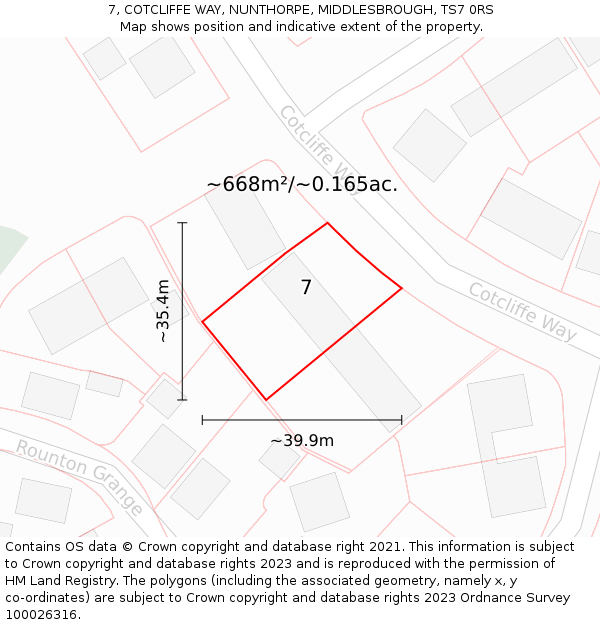 7, COTCLIFFE WAY, NUNTHORPE, MIDDLESBROUGH, TS7 0RS: Plot and title map