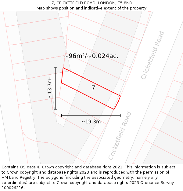 7, CRICKETFIELD ROAD, LONDON, E5 8NR: Plot and title map
