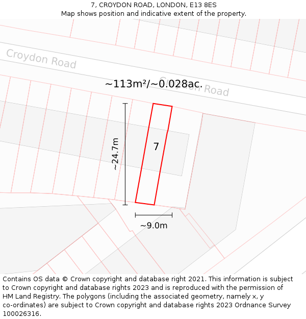 7, CROYDON ROAD, LONDON, E13 8ES: Plot and title map