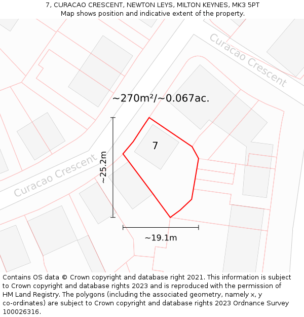 7, CURACAO CRESCENT, NEWTON LEYS, MILTON KEYNES, MK3 5PT: Plot and title map