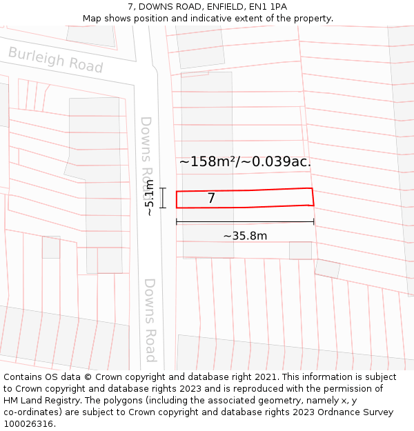 7, DOWNS ROAD, ENFIELD, EN1 1PA: Plot and title map
