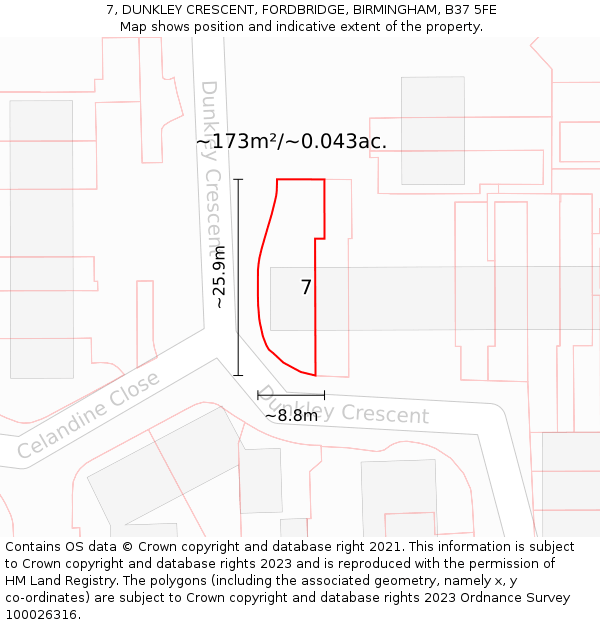 7, DUNKLEY CRESCENT, FORDBRIDGE, BIRMINGHAM, B37 5FE: Plot and title map