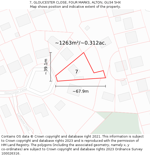 7, GLOUCESTER CLOSE, FOUR MARKS, ALTON, GU34 5HX: Plot and title map