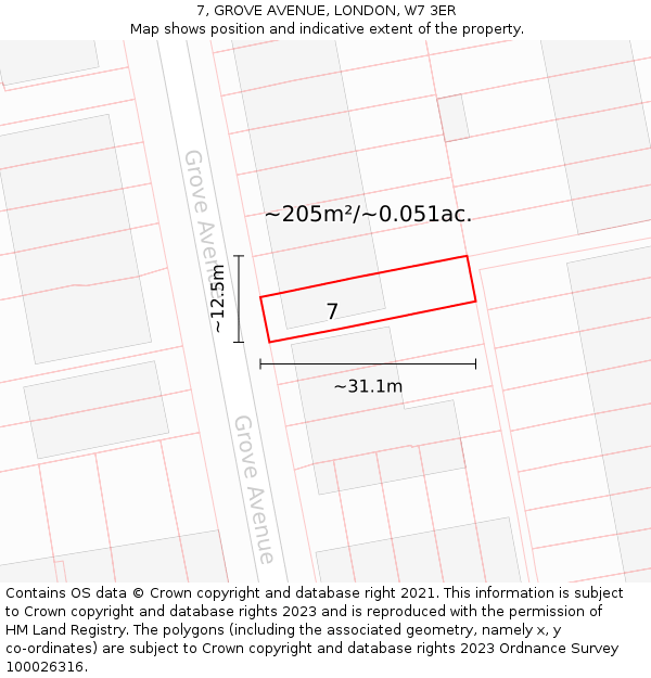 7, GROVE AVENUE, LONDON, W7 3ER: Plot and title map