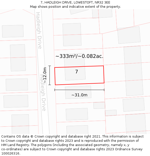 7, HADLEIGH DRIVE, LOWESTOFT, NR32 3EE: Plot and title map