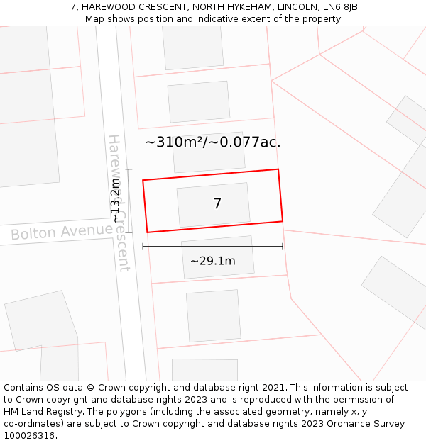 7, HAREWOOD CRESCENT, NORTH HYKEHAM, LINCOLN, LN6 8JB: Plot and title map