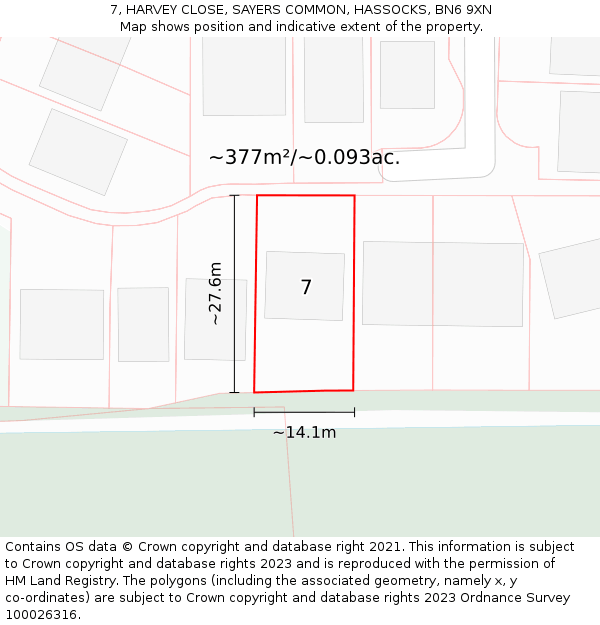 7, HARVEY CLOSE, SAYERS COMMON, HASSOCKS, BN6 9XN: Plot and title map