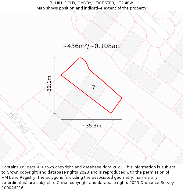 7, HILL FIELD, OADBY, LEICESTER, LE2 4RW: Plot and title map