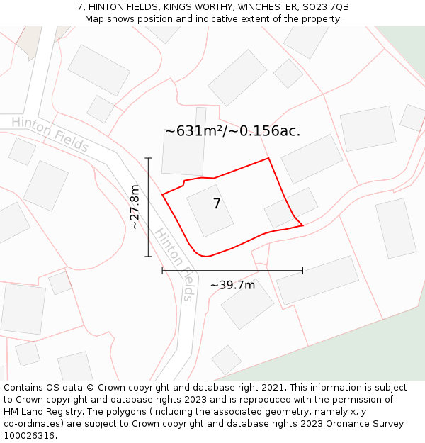 7, HINTON FIELDS, KINGS WORTHY, WINCHESTER, SO23 7QB: Plot and title map