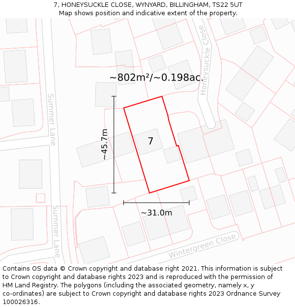 7, HONEYSUCKLE CLOSE, WYNYARD, BILLINGHAM, TS22 5UT: Plot and title map